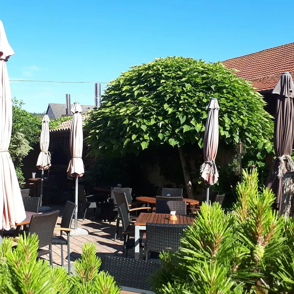 Sonniger Hof mit Bäumen und Schirmen